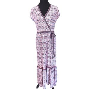 Floral‎ Print Maxi Prarie Short Sleeve Wrap Stretch Knit Dress Size Small